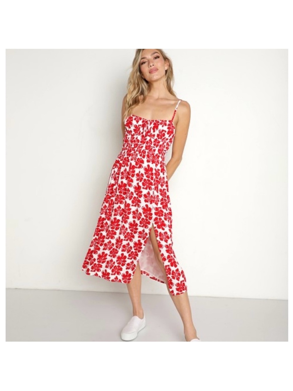 Faithfull the Brand Midi Dress with Red Floral Print